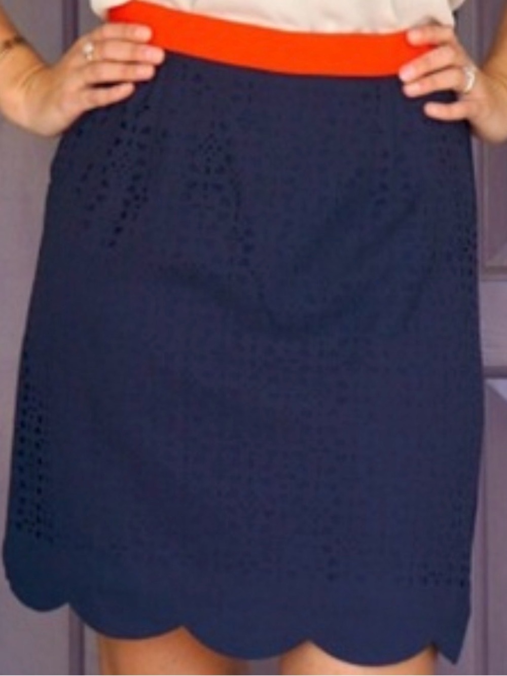 NWT Pixley Navy Laser-Cut A-Line Skirt with Bright Red Waistband Large